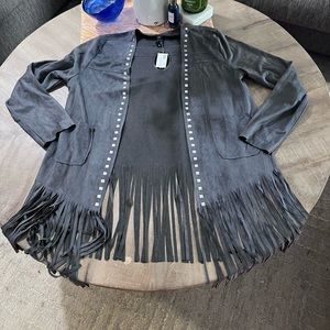 NWT Gray Suede Cardigan with fringe at the bottom! Size S/M